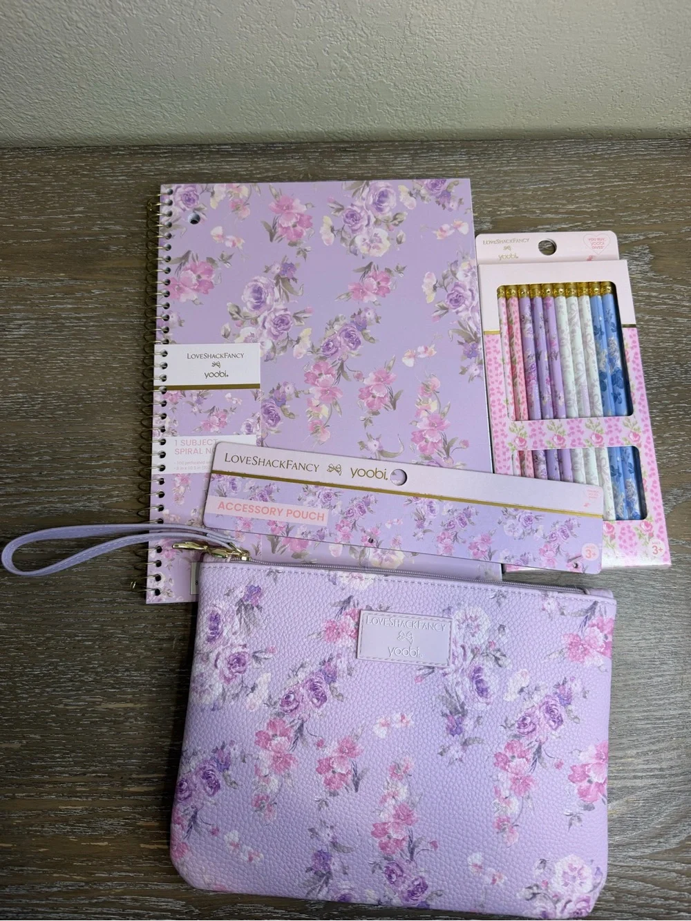 LoveShackFancy Yoobi Purple Floral Accessory Pouch & Stationery Set